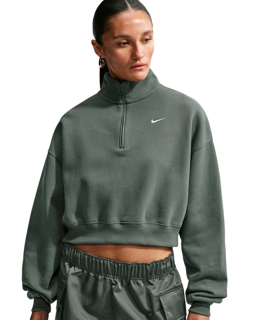 Nike Women's Studio Fleece Medium Weight Oversized 1/4 Zip Cropped Sweatshirt - Green - GREEN